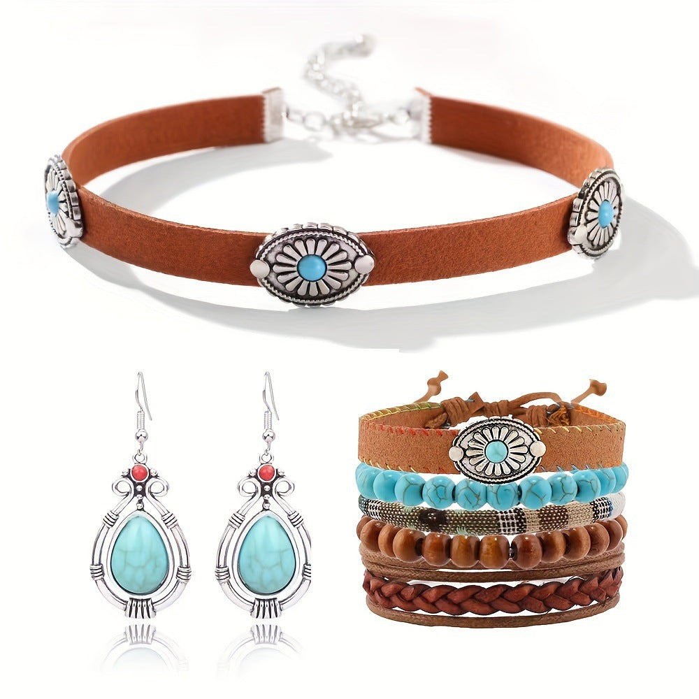 Wholesale Velvet Rivet Leather Choker 8-Piece Bracelet Set Turquoise Earrings Jewelry Set