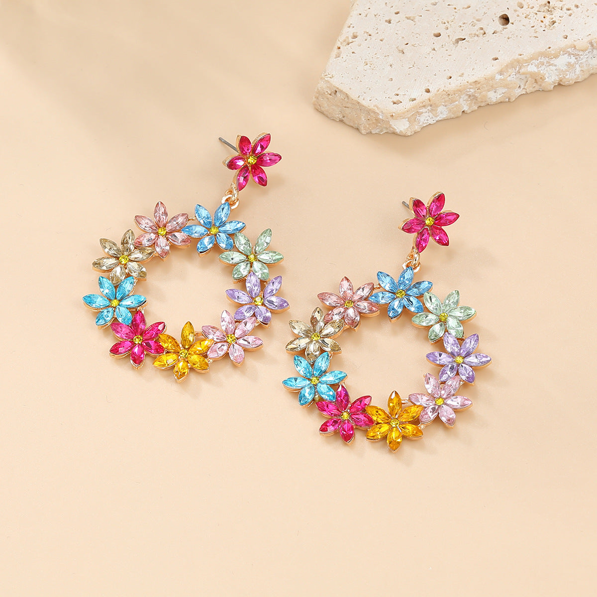Wholesale Colored Diamond Earrings Full Diamond Flower Alloy Earrings ACC-ES-JL006