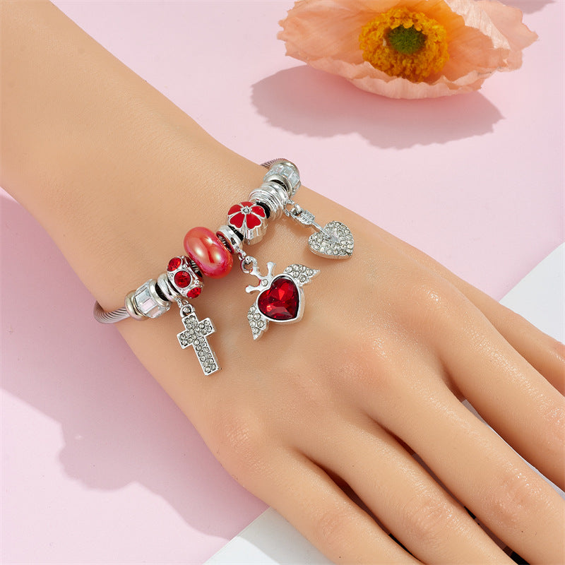 Wholesale Heart Shape Crystal Cross Rhinestone Beaded Stainless Steel Bracelet ACC-BT-QingLian003