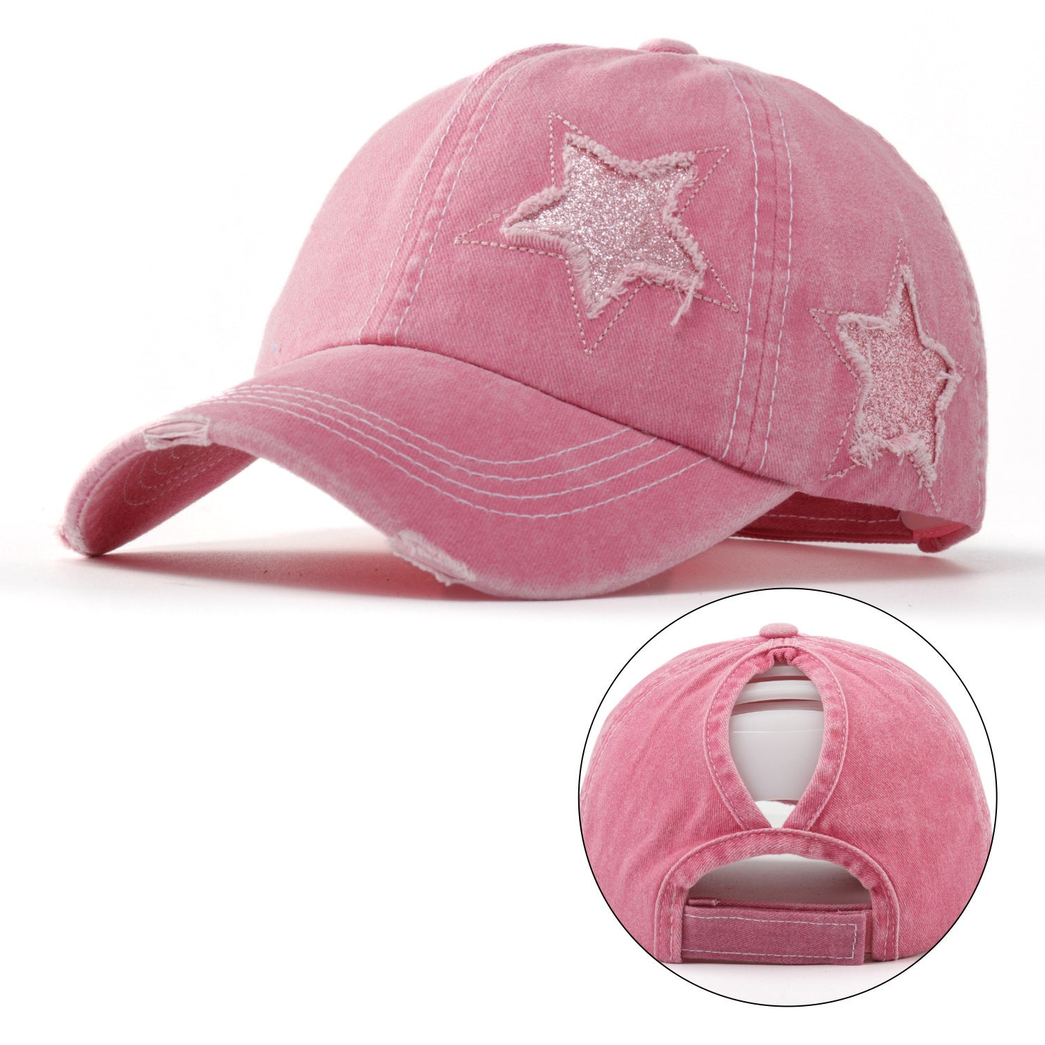 Wholesale Stylish Washed Cotton Baseball Cap Five Point Star Distressed Ponytail Hole Adjustable Curved Brim Black Hat For Casual Use And Resale