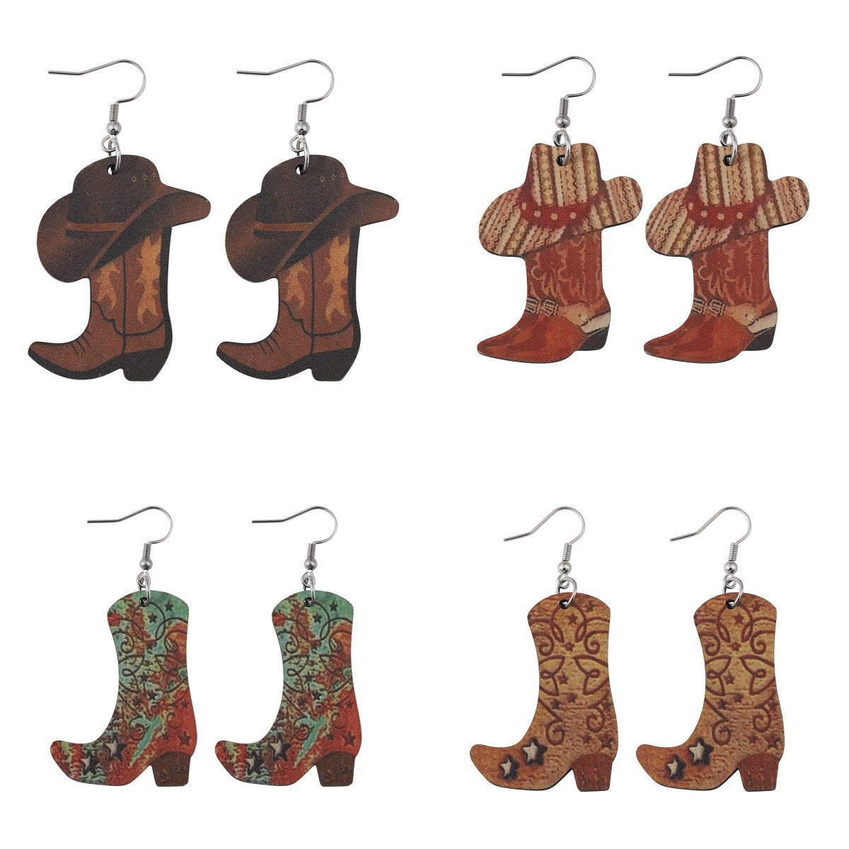 Wholesale Western Cowboy Boots Hat Wood Pendant Earrings ACC-ES-ChuLian054