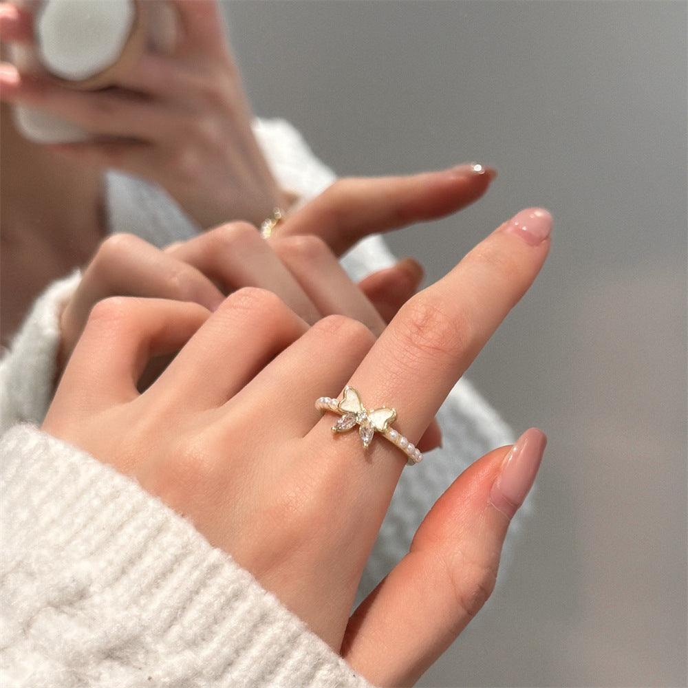 Wholesale Colored Enamel Butterfly Ring Pearl Open Ring ACC-RS-Yues008