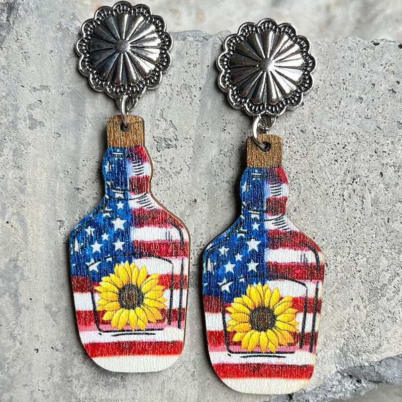 Wholesale 2 Pairs/Pack American Independence Day Western Style Cowboy Boots Cow Head Sunflower Wood Earrings ACC-ES-HY103