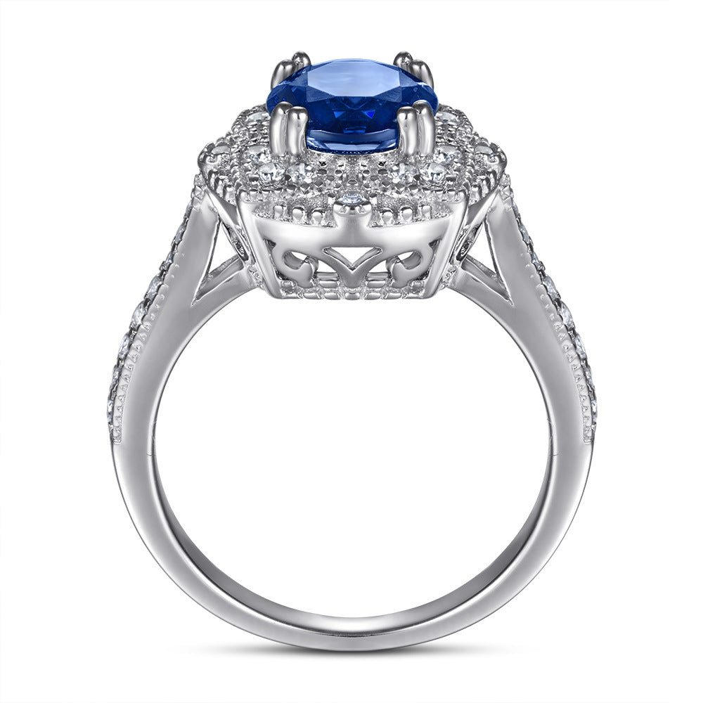 Wholesale s925 sterling silver micro-inlaid Zircon blue green gemstone fashion ring