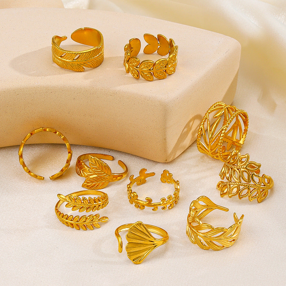 Wholesale Stainless Steel Rings Leaf Ring Vintage Adjustable Rings 18K Gold Plated Rings ACC-RS-JiaLi002