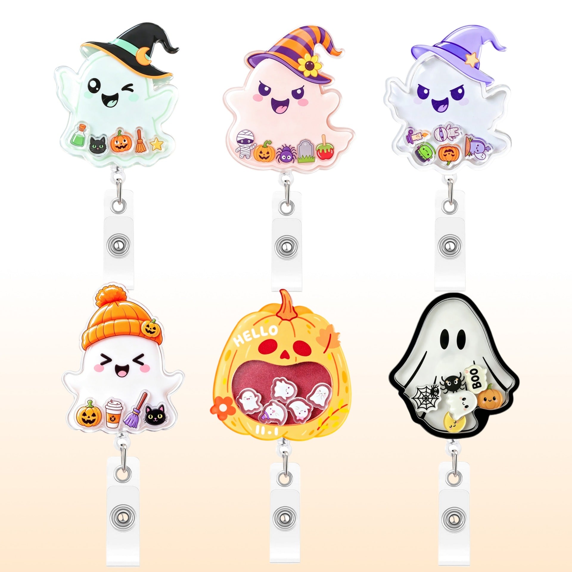 Wholesale Shake-Shake  Acrylic Ghost Pumpkin Easy-Pull Buckle Cute Telescopic ID Holder Decompression Decoration Badge Holder