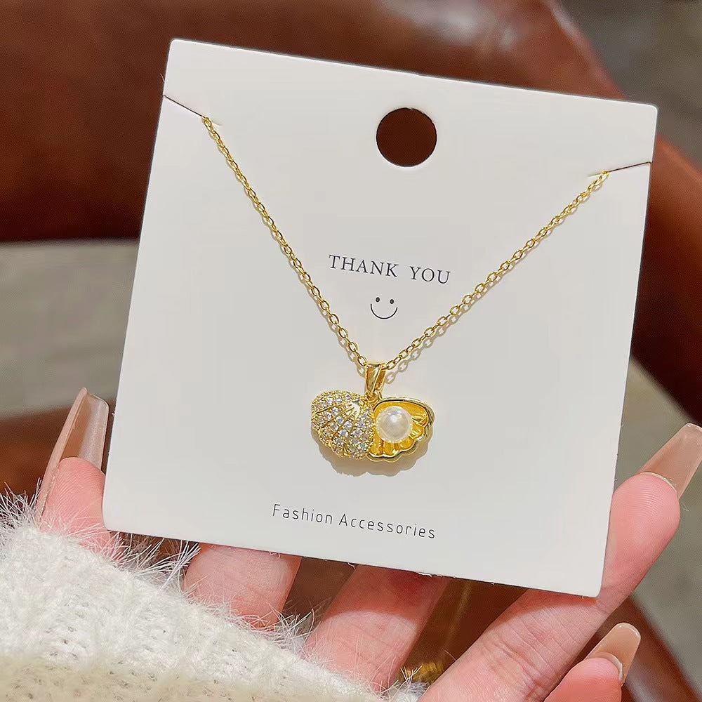 Wholesale Korean Style Shell Pearl Zircon Stainless Steel Necklace – Chic Jewelry Accessory for Women