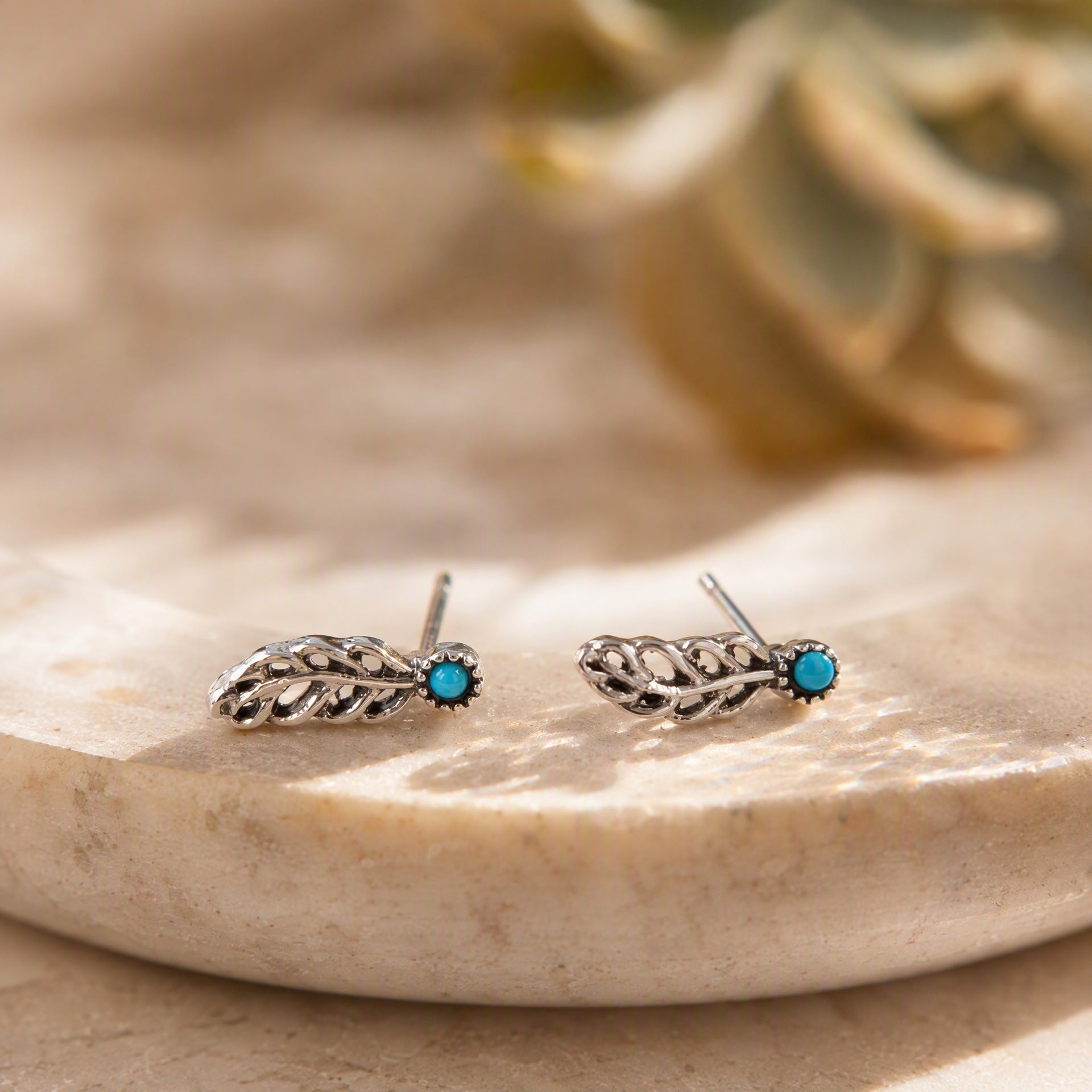 Wholesale Retro Bohemian Feather Turquoise Stud Earrings For Women Ethnic Style Boutique Resale Jewelry