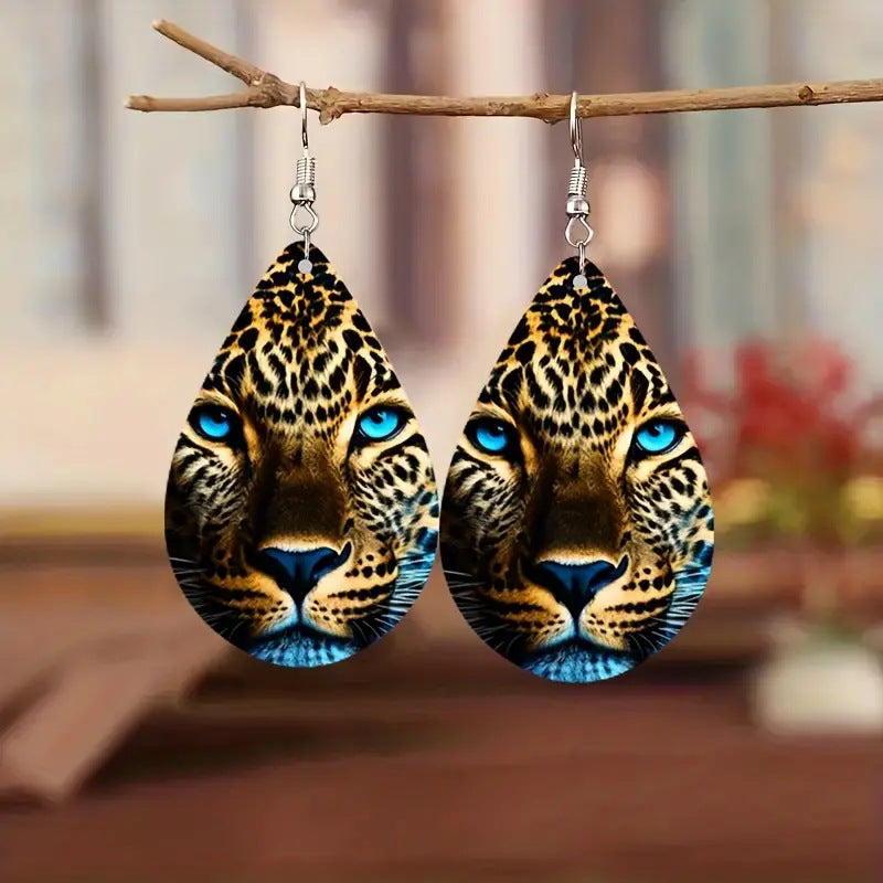 Wholesale  Fierce Tiger Double Sided Pattern Wooden Earrings