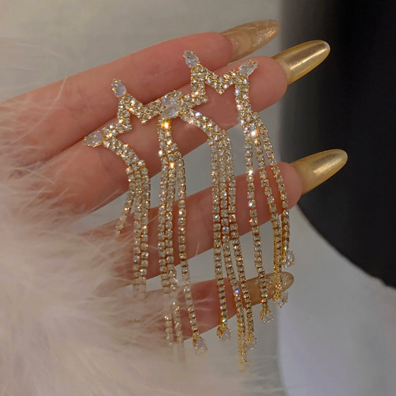 Wholesale Diamond Zircon Five-pointed Star Long Tassel Earrings ACC-ES-KJ010