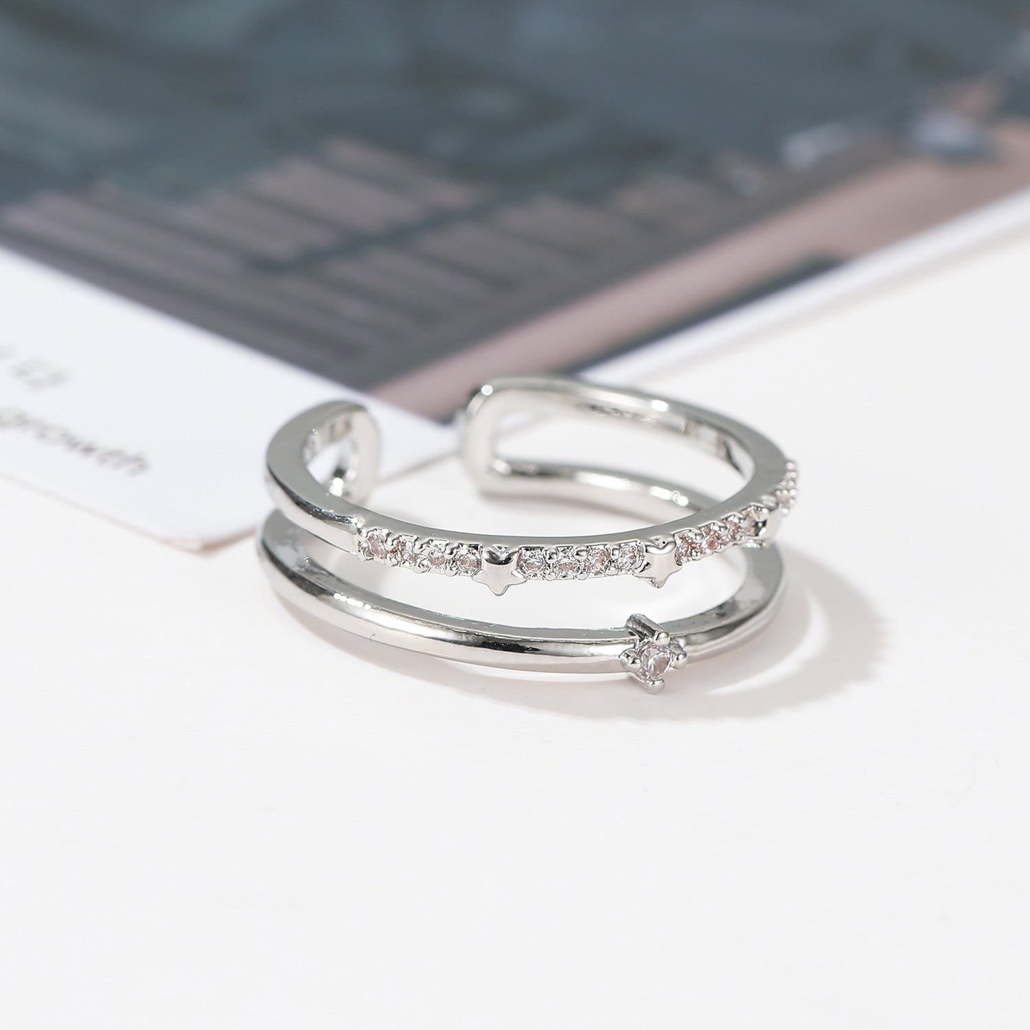 Wholesale women's double-layer minimalist zircon open adjustable stacked ring