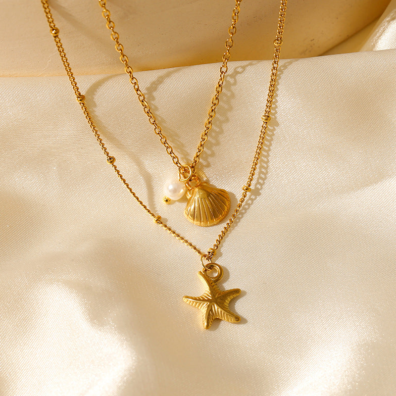 Wholesale Stainless steel retention double layer starfish shell summer holiday wind clavicle chain