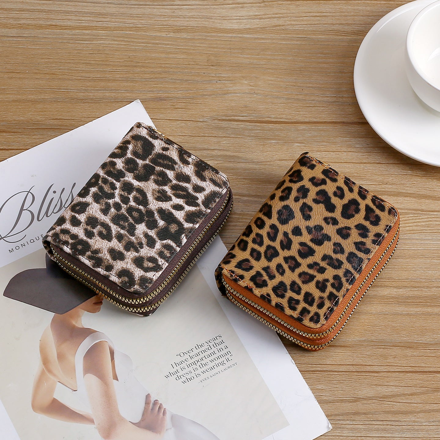 Wholesale Retro Leopard Print PU Coin Purse Double Zipper Card Holder Fashion Accessory Boutique Gift