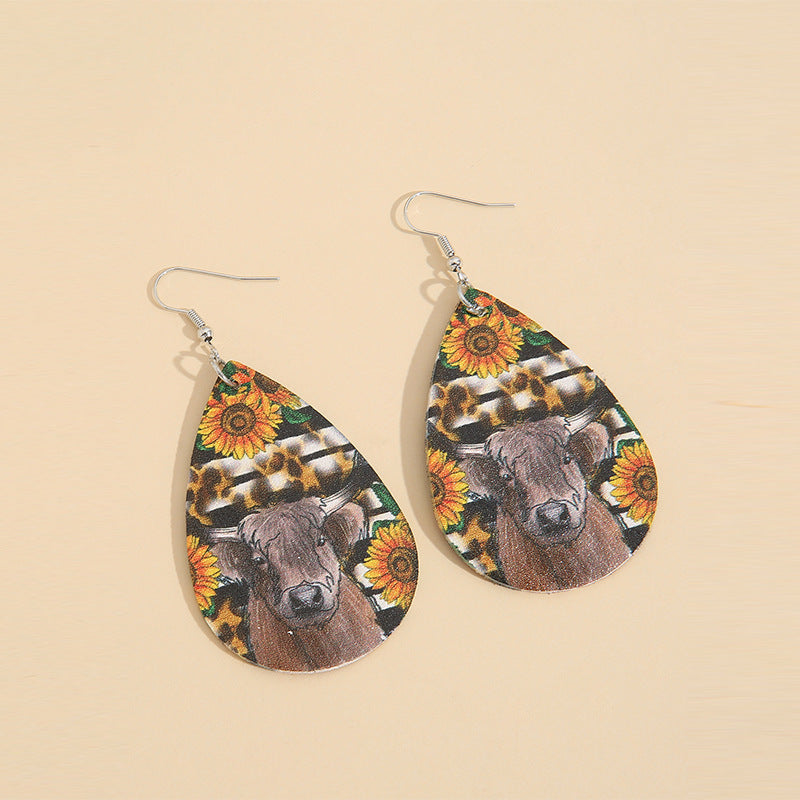 Wholesale Vintage Western Cow Head Rose Sunflower Leather Earrings Fashion Accessory Gift