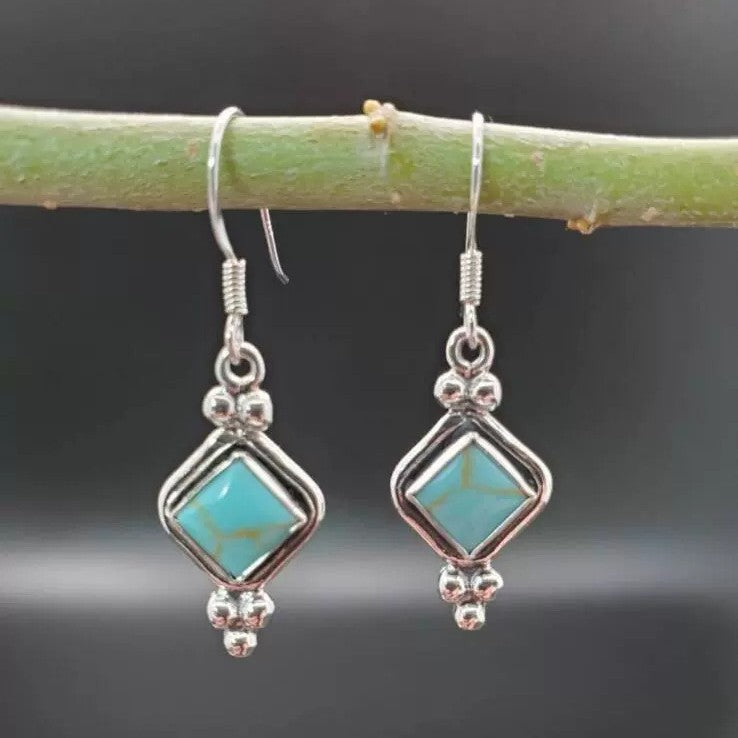 Wholesale Lucky Bag-Shaped Silver Edge Rhombus Blue Turquoise Alloy Earrings