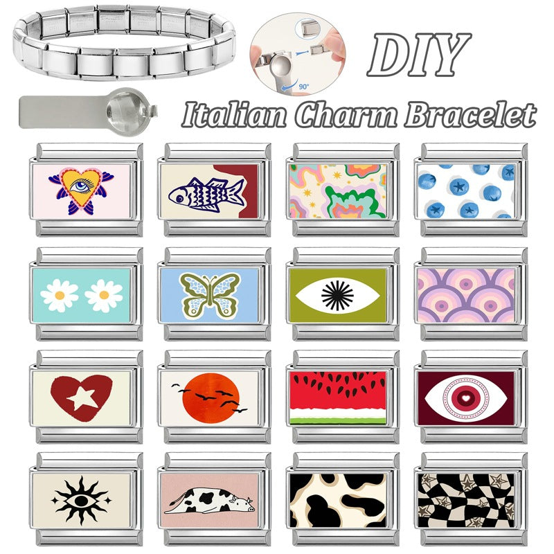 Wholesale 9mm Italian Charm Starter Bracelets DIY Heart Flower Evil Eye Series Stainless Steel Composable Bracelet