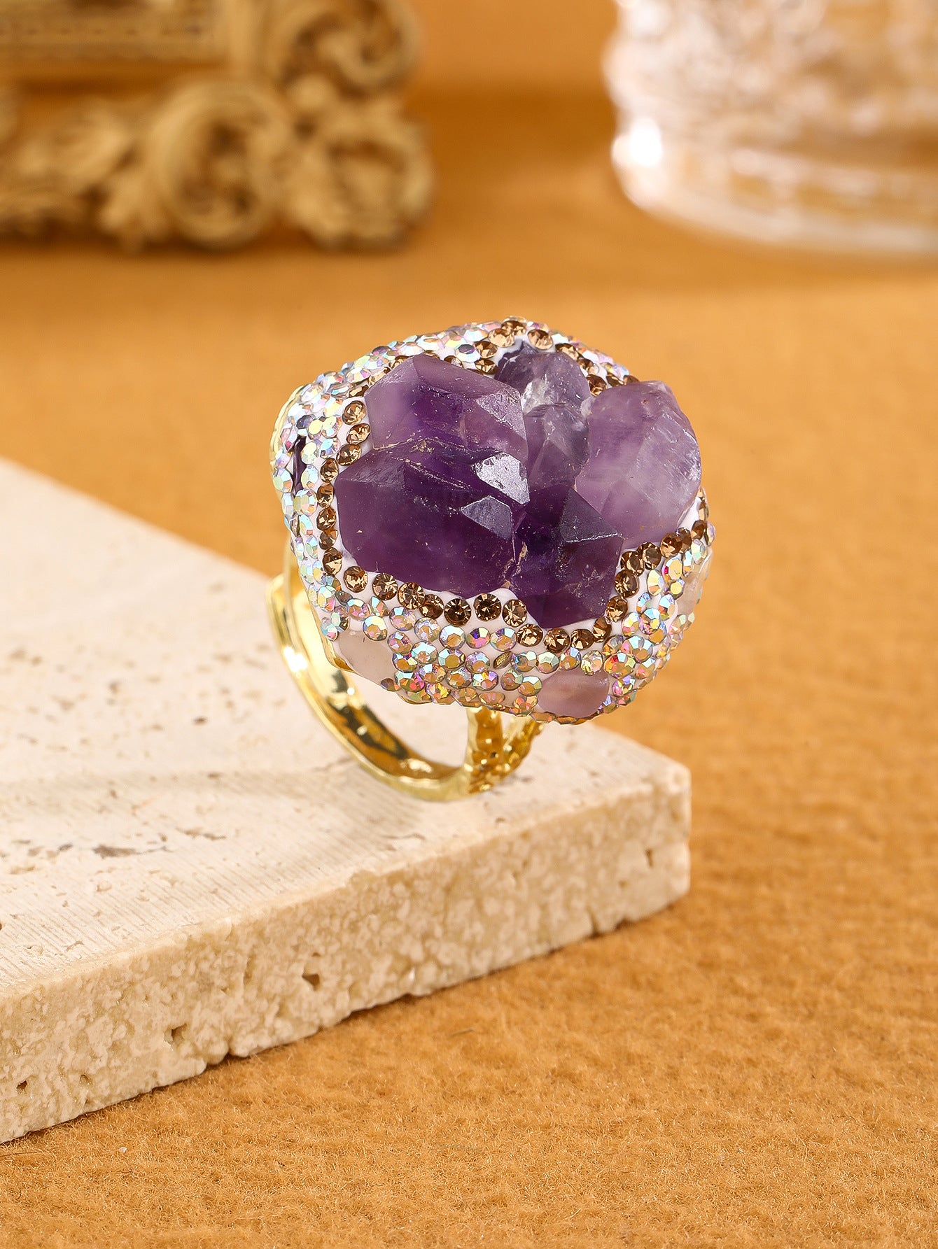 Wholesale Natural Amethyst Bud Aquamarine Rough Stone Irregular Diamond Opening Adjustable Women' s Ring