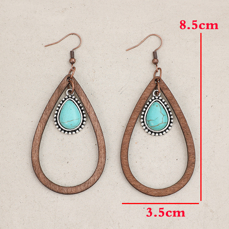 Wholesale  Western Style New Drop-Shaped Hollow ing Turquoise Retro Style Wooden Earrings