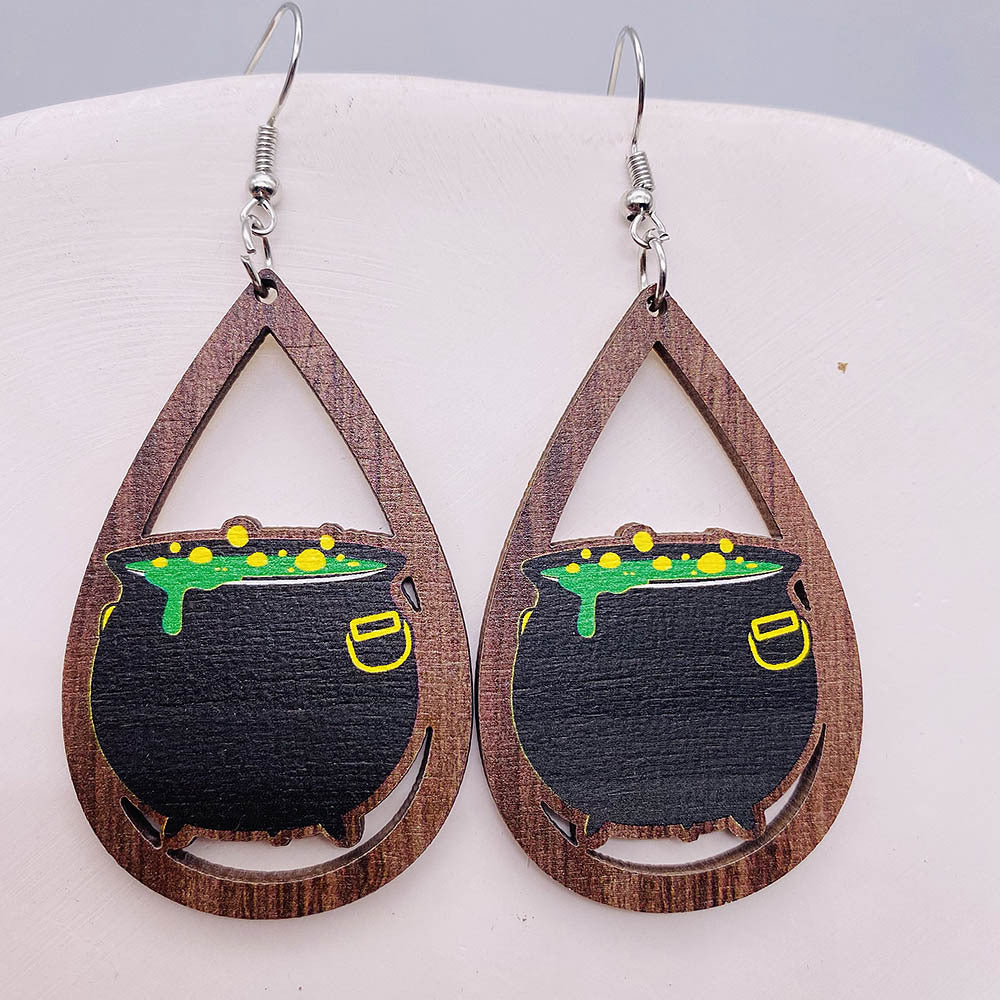 Wholesale Ghost Wooden Earrings Pumpkin Spider Skull Bat Water Drop Wooden Earrings