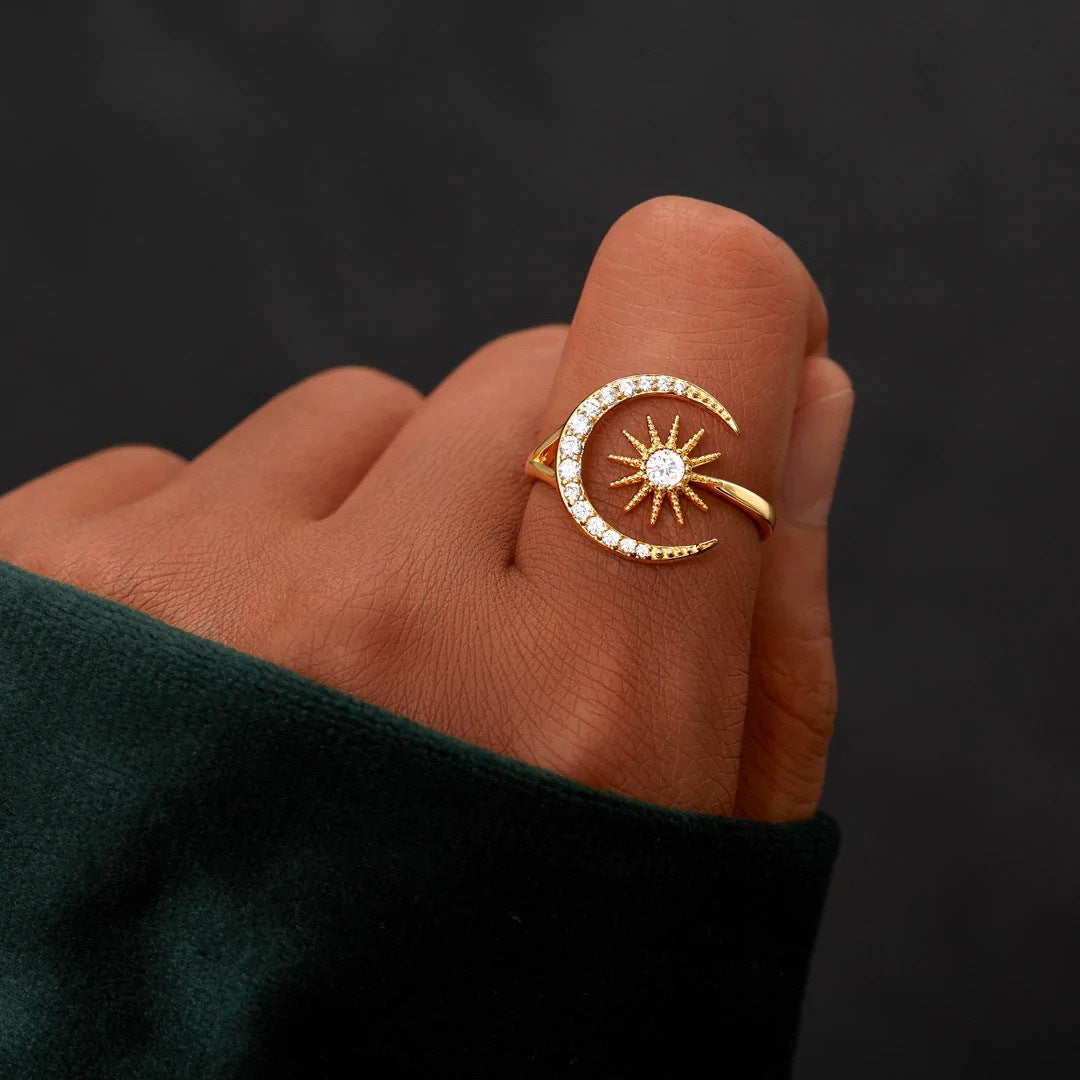 Wholesale Geometric Micro-Encrusted Diamond-Encrusted Sun and Moon Inlaid Open Ring