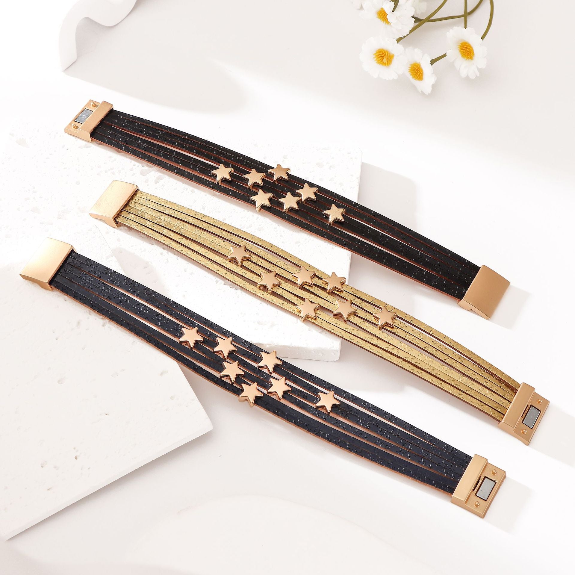 Wholesale Gold Leather Star Multi Layer Bracelet Magnetic Clasp Women S Vacation Style Chic Jewelry Gift