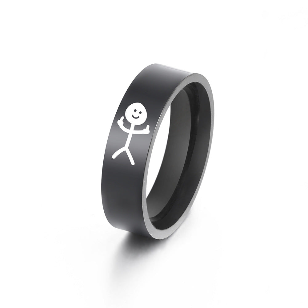 Wholesale  cute cartoon stick figure laser marking smiley face little person 8mm wide stainless steel ring