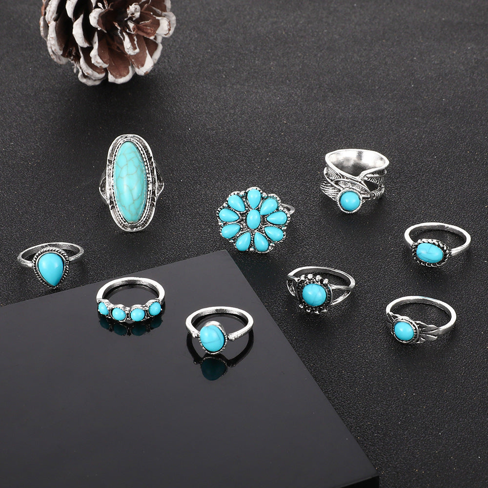 Wholesale Vintage Bohemian Feather Turquoise Hollow  Ring Set