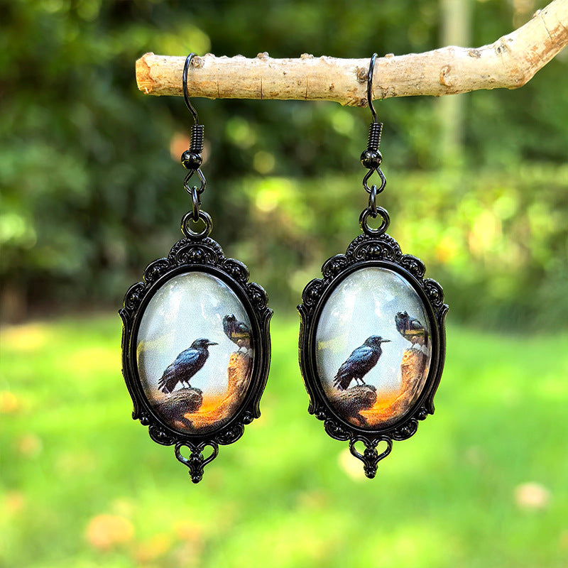 Wholesale Halloween Black Crow Time Gemstone Pendant Earrings