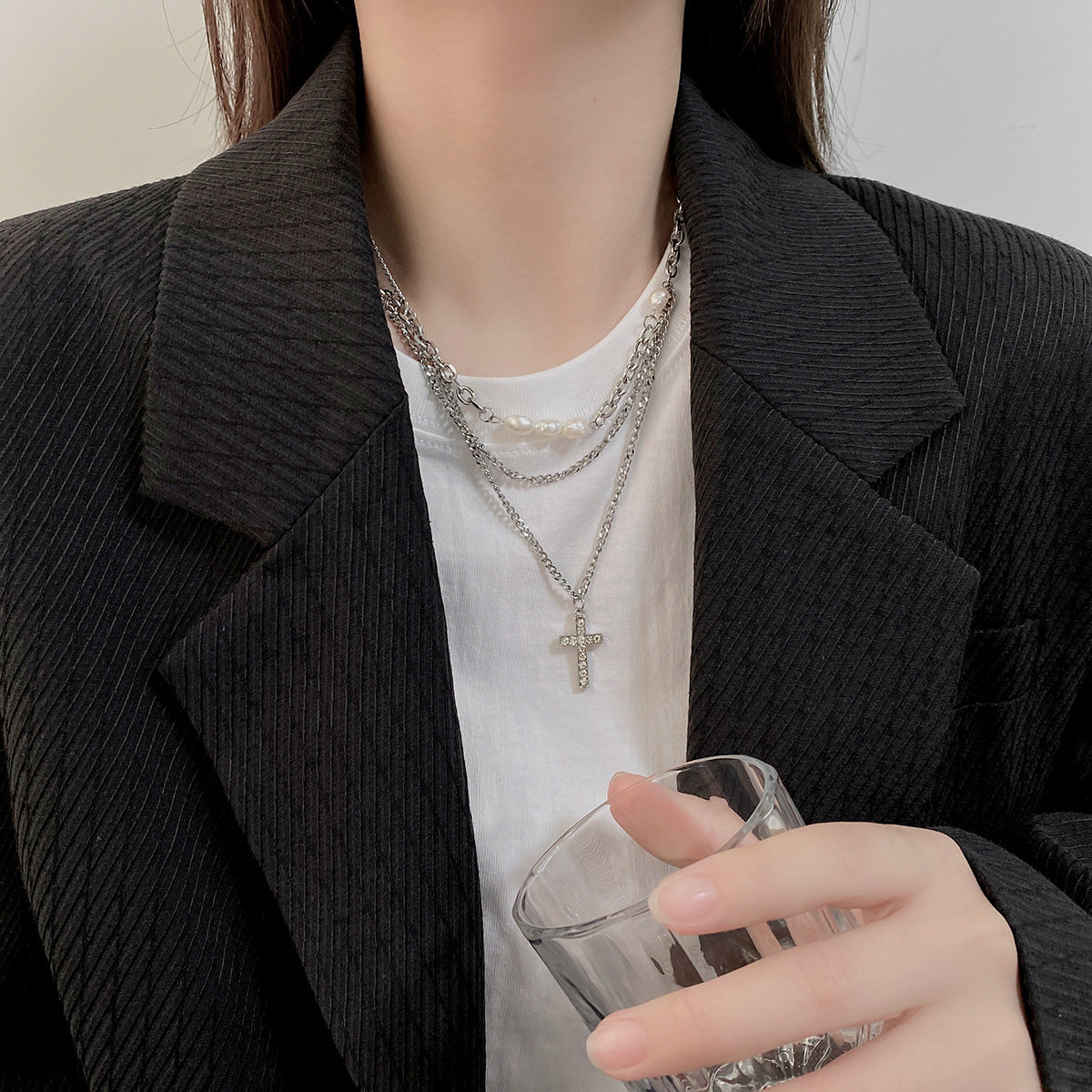 Wholesale Multi-layer Chain Pearl Cross Stitching Necklace Titanium Steel ACC-NE-NS007