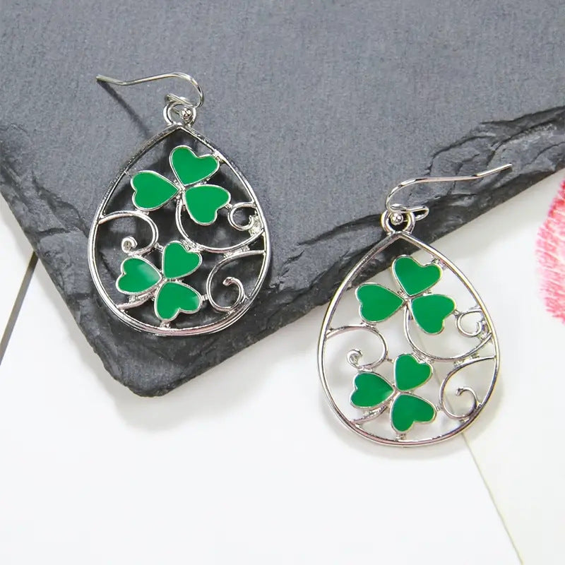 Wholesale St Patrick's Day Clover Hollow carved water drop earrings