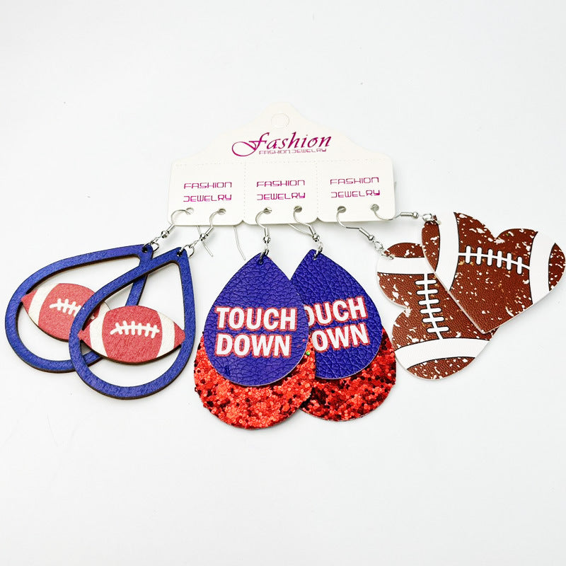 Wholesale 2 Sets Football Sports Multicolor Cheerleading Leather Wood Earrings Set ACC-ES-HY127