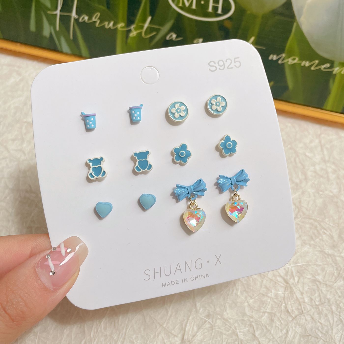 Wholesale Sweet and fresh silver needle small floral and fruit earrings