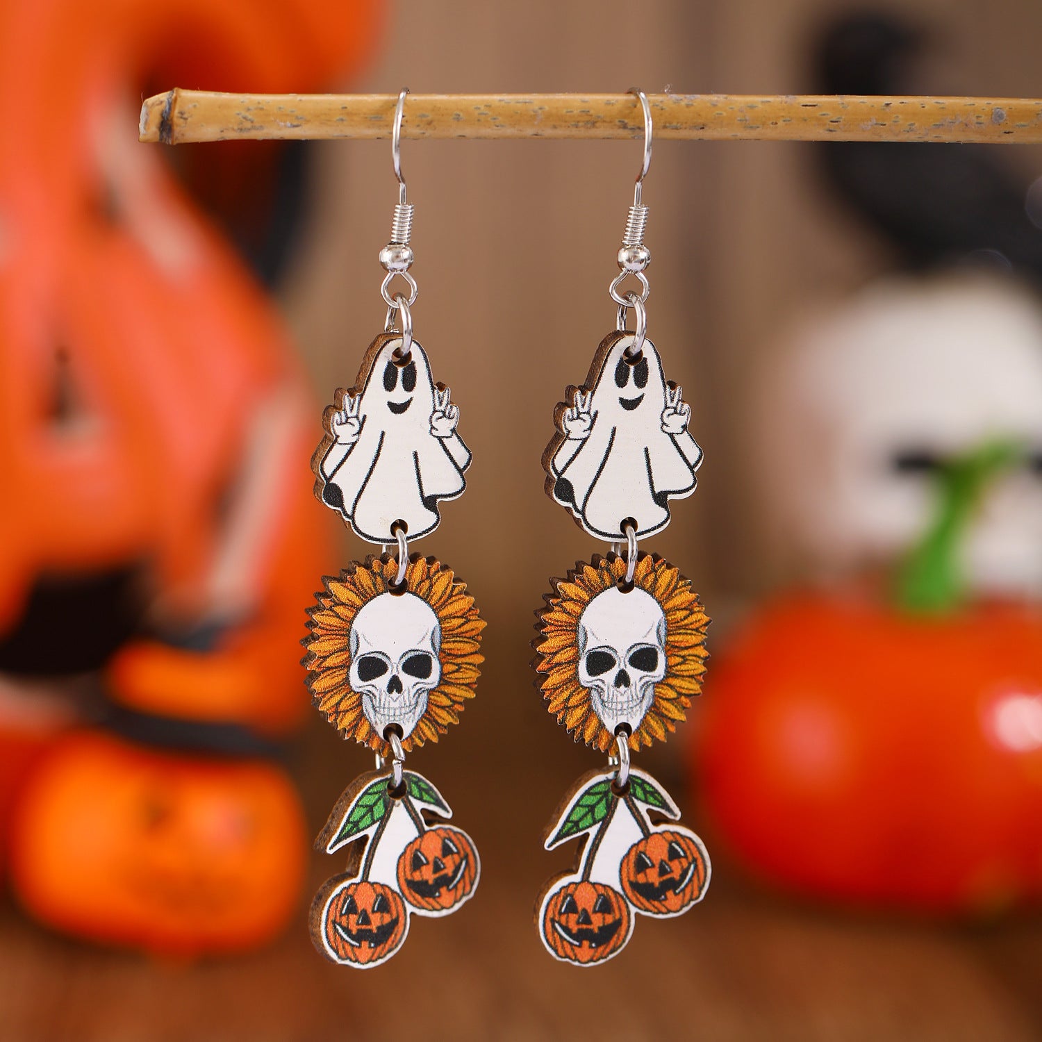Wholesale  Pumpkin Skull Ghost Printed Wood Earrings Women' s Jewelry Accessory