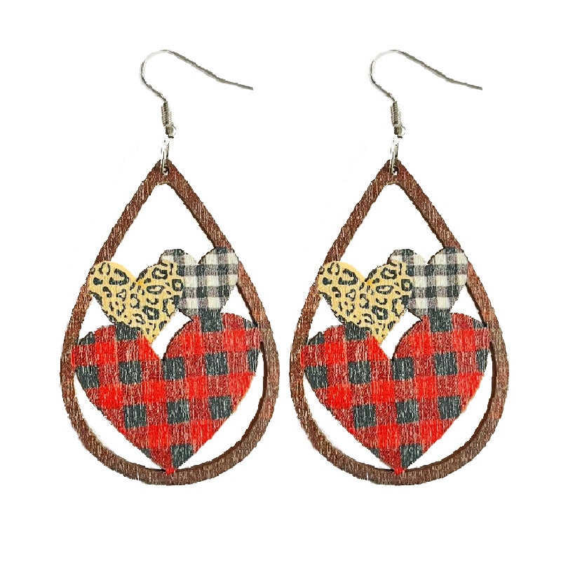 Wholesale 2 Pairs/pack Valentine's Day Hollow Heart Leopard Print Wooden Earrings ACC-ES-HeYi001