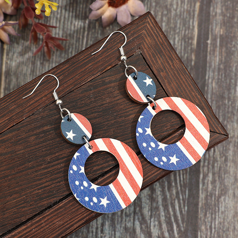 Wholesale American Independence Day Hollow Ring Stitching Printing American Flag Wooden Earrings