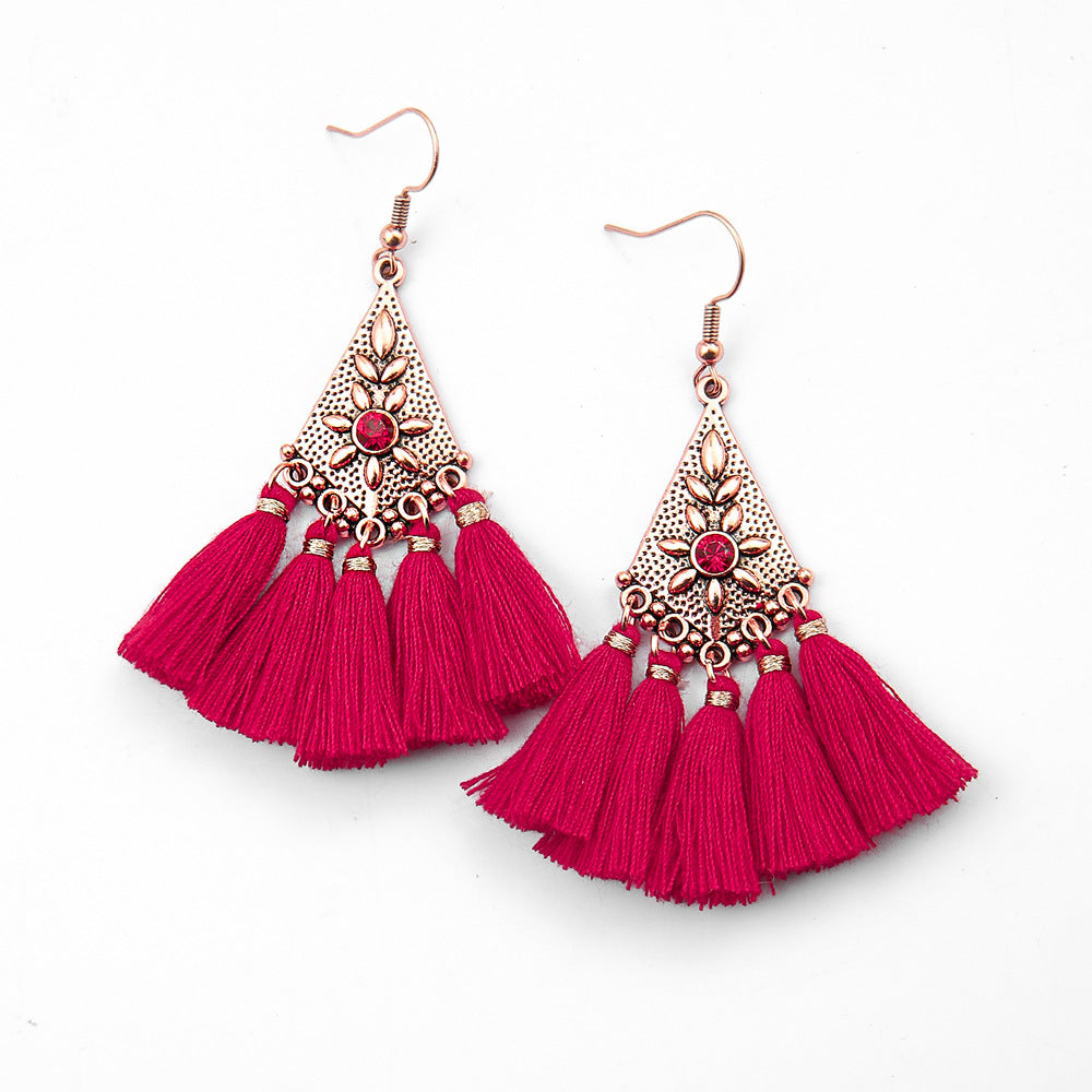 Wholesale Chinese Style Red Tassel Earrings Retro Medieval Festive Jewelry Accessory