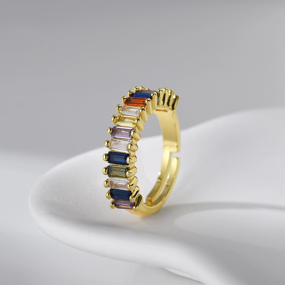 Wholesale Colorful Ring Opening Adjustable Rectangular Colorful Zirconium Copper Inlaid Rings ACC-RS-YXY046