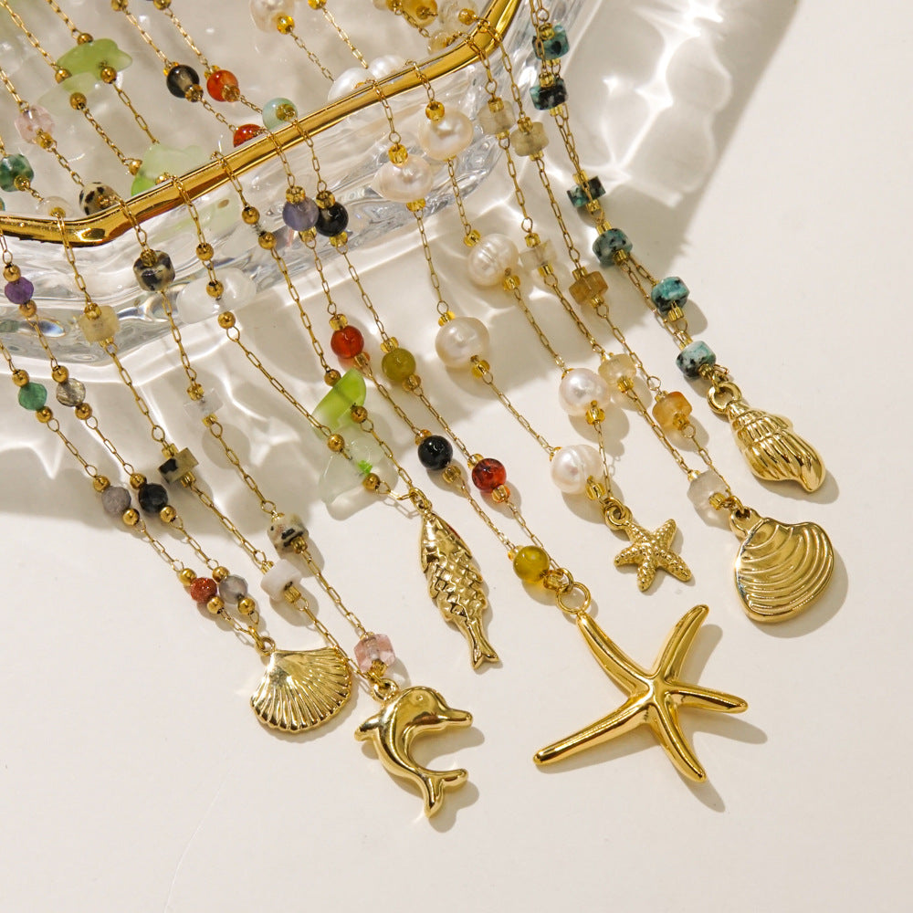 Wholesale  Light Luxury  Colorful Gravel Beaded Natural Pearl Beaded 14K Gold Stainless Steel Pendant  Necklace