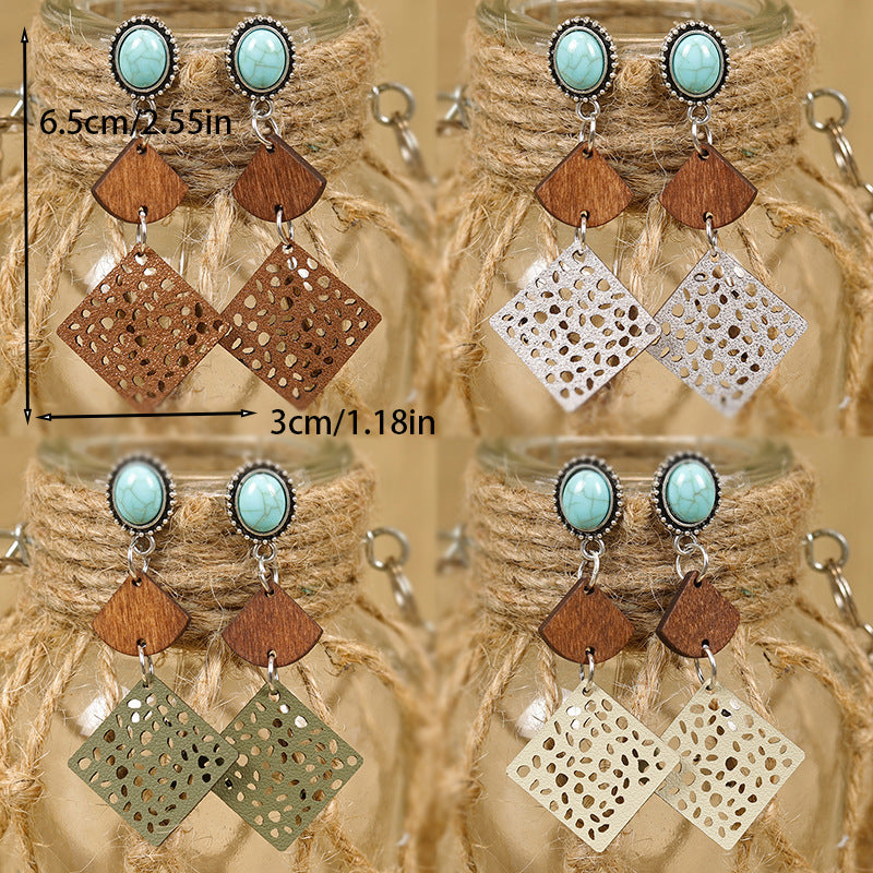 Wholesale Western Distressed Bohemian Geometric Stitching Turquoise Earrings