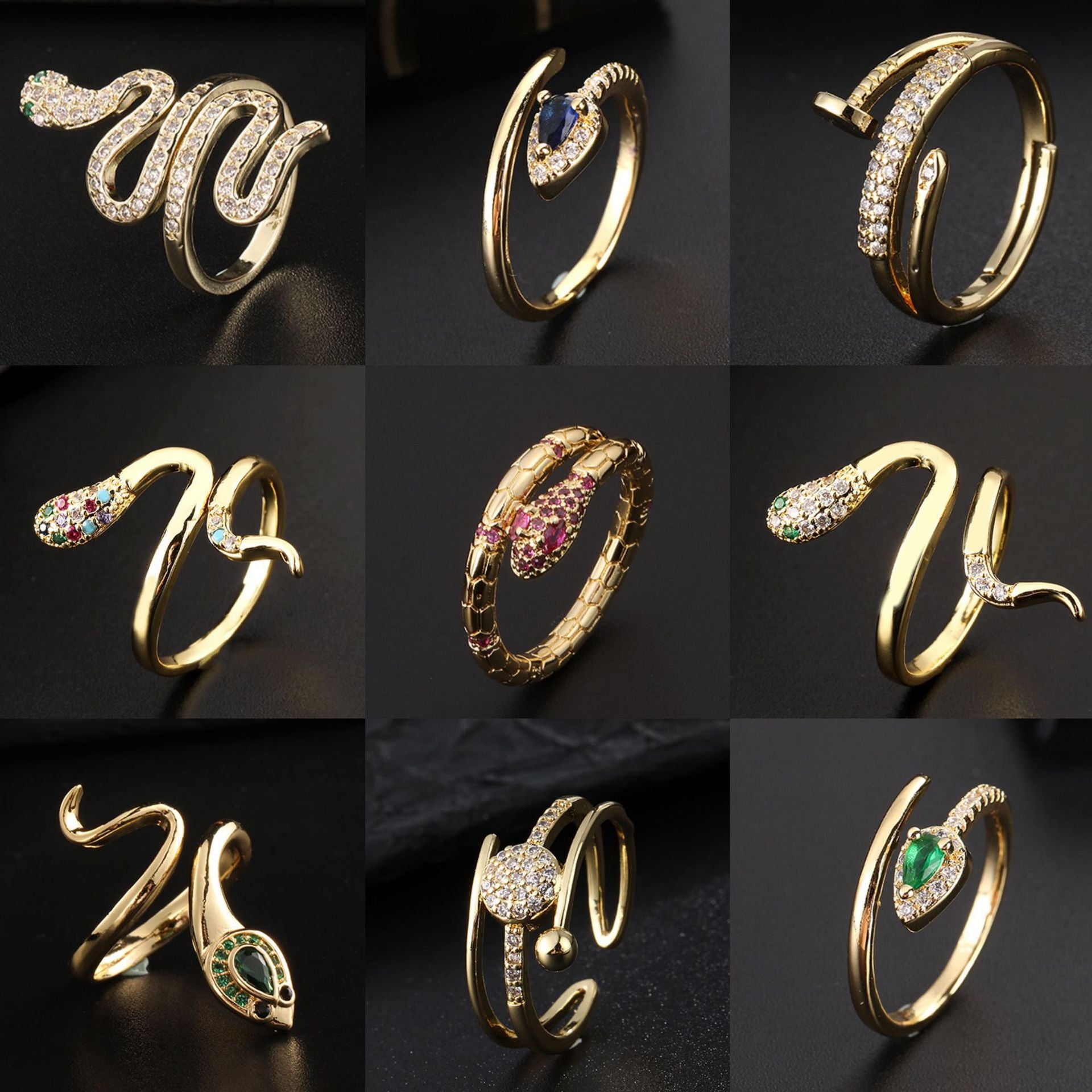 Wholesale Vintage Snake Design Copper Zircon Open Ring Trendy Women S Jewelry Accessory Gift