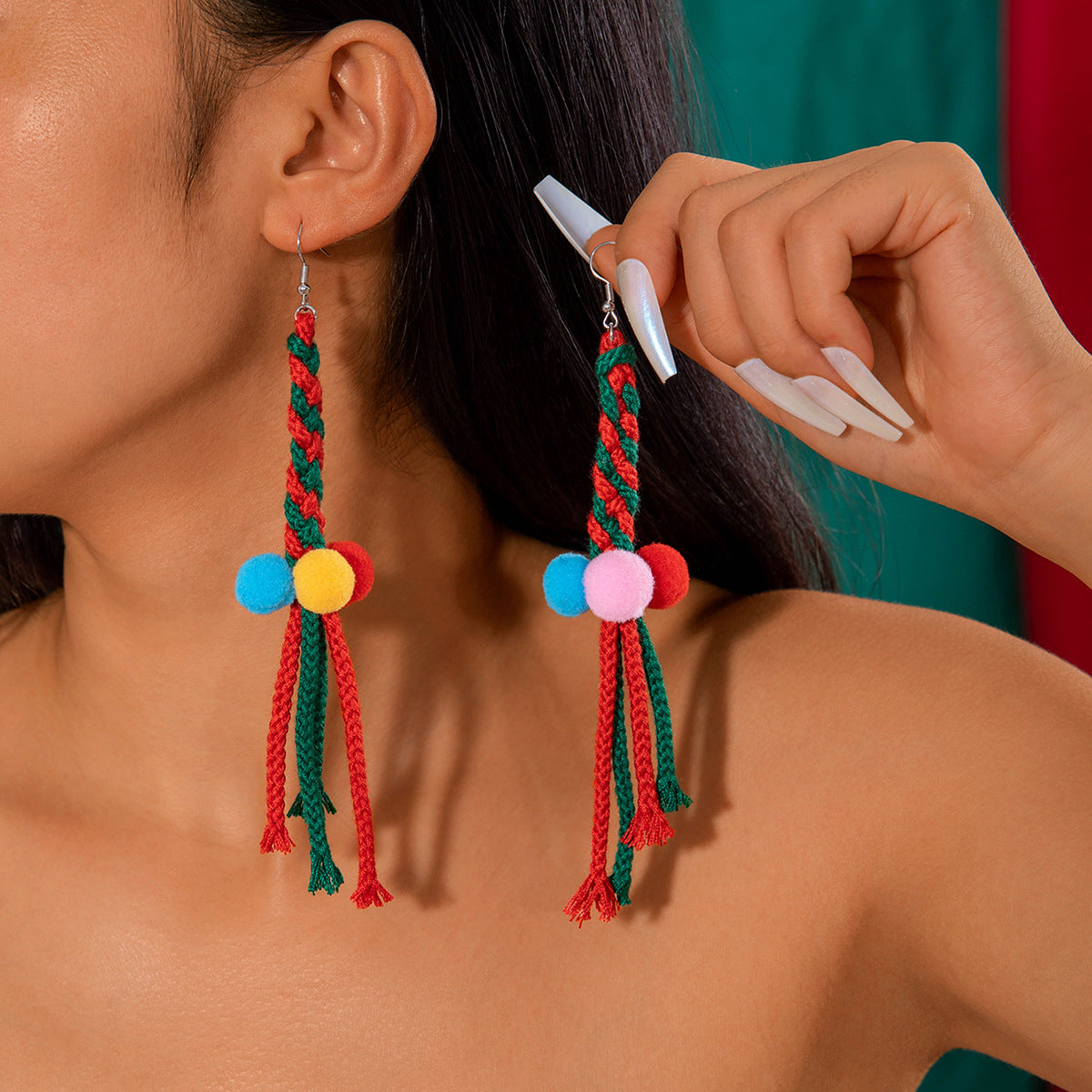 Wholesale  Fun Color Woven Confronted Color Hair Ball Christmas Earrings