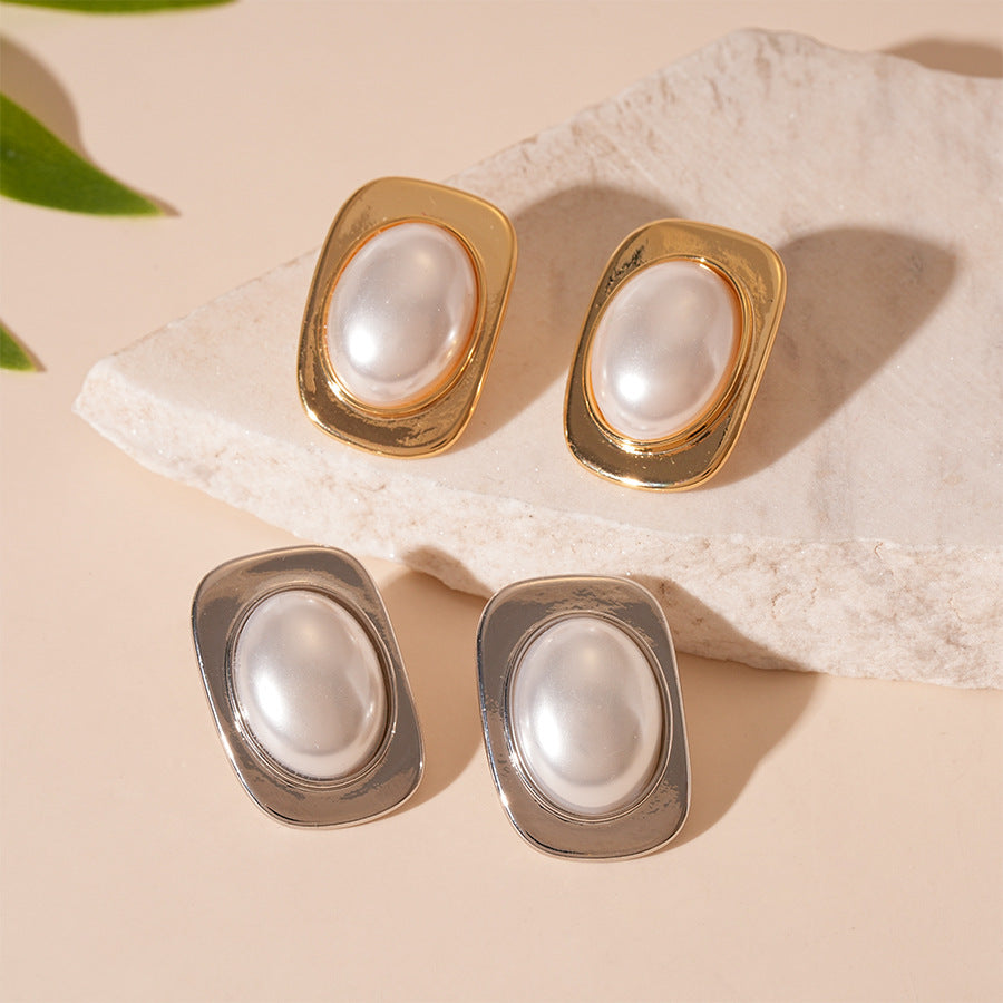 Wholesale pearl square geometric silver pin earrings