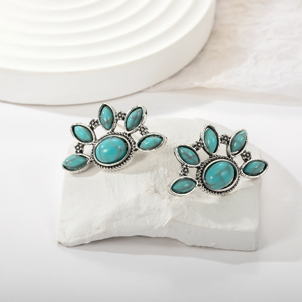 Wholesale Retro Bohemian fan-shaped turquoise earrings