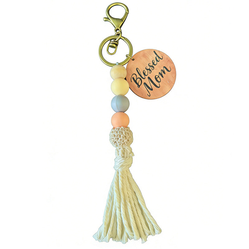 Wholesale 2pcs Beaded Tassel Wooden Keychain for Mother' s Day