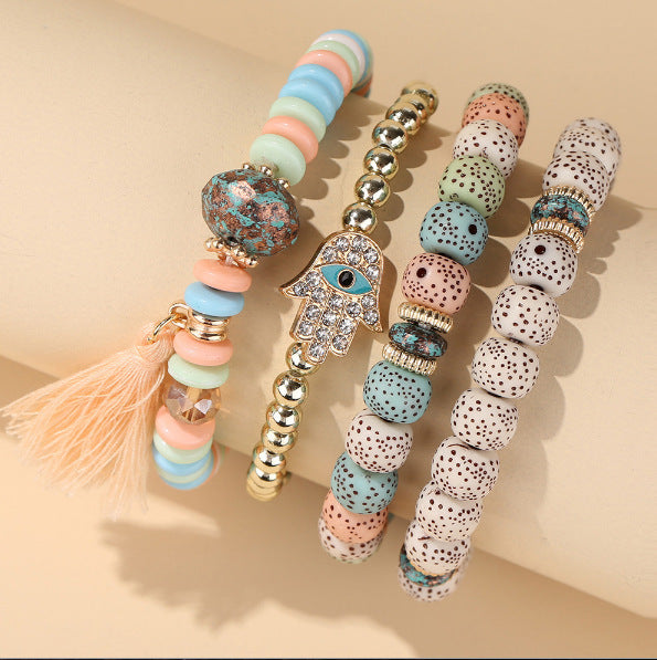 Wholesale Crystal Multi-layer Contrasting Color Turquoise Bracelet Leaf Alloy Tassel 4-piece Set Layered Bracelet Set ACC-BT-Yeb002