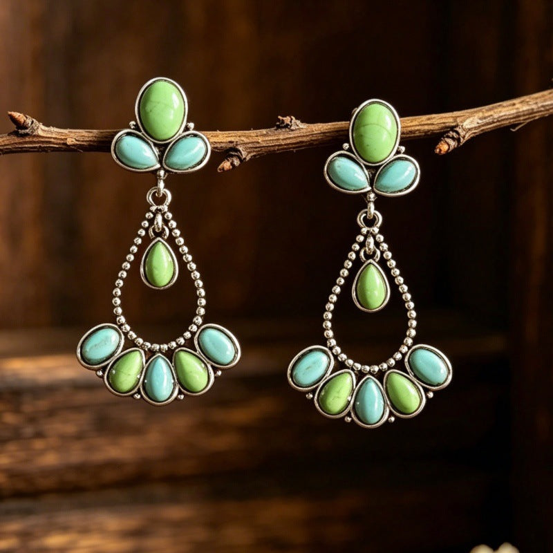 Wholesale Vintage Bohemian Two-Tone Turquoise Teardrop Hollow Earrings Alloy Party Jewelry Accessory