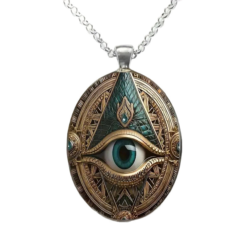 Wholesale Elegant Eye Pattern Pendant Necklace Silver Tone Alloy Oval Amulet Design Fashion Accessory