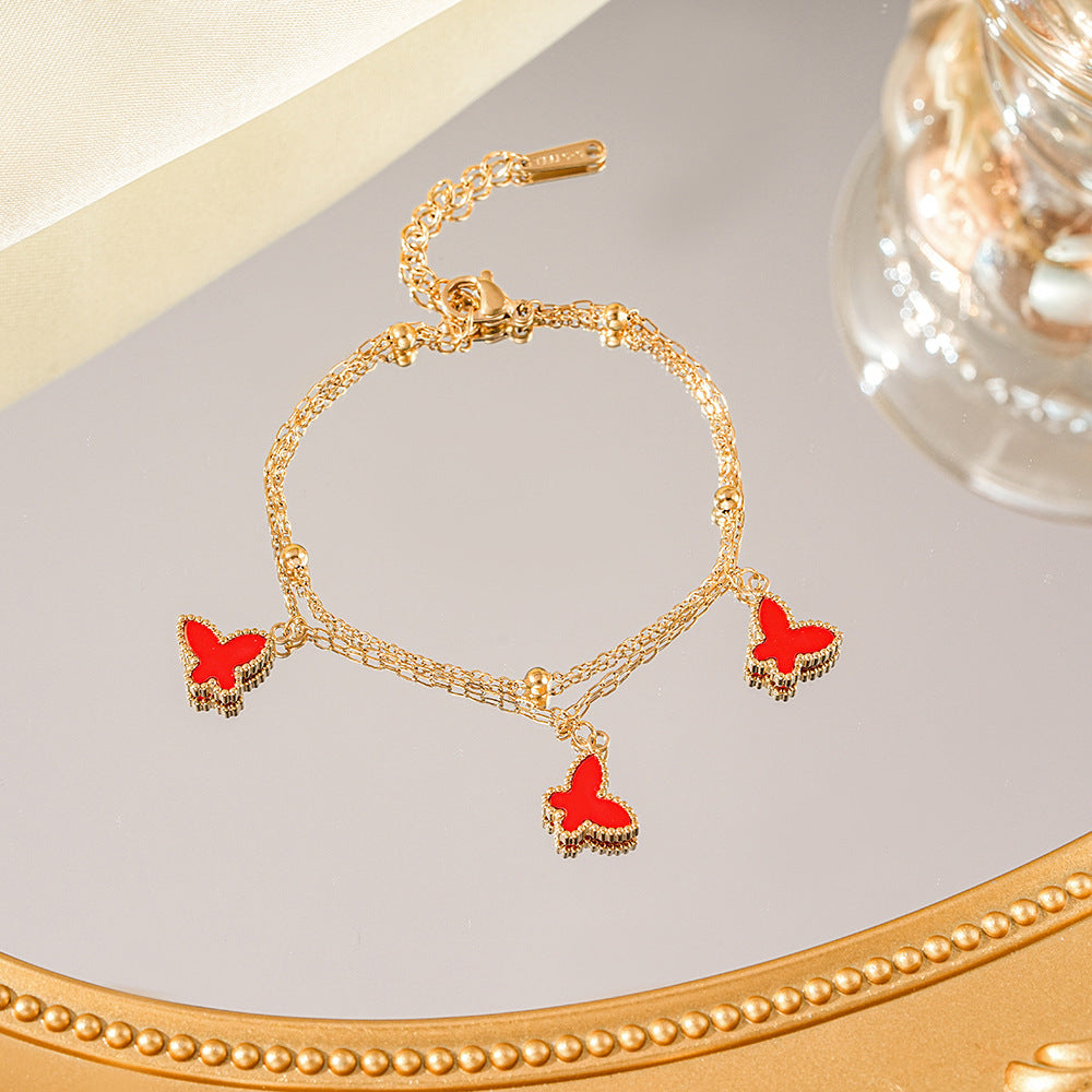 Wholesale  Non-Fading Electroplated  Butterfly Double-Layer Stainless Steel Bracelet