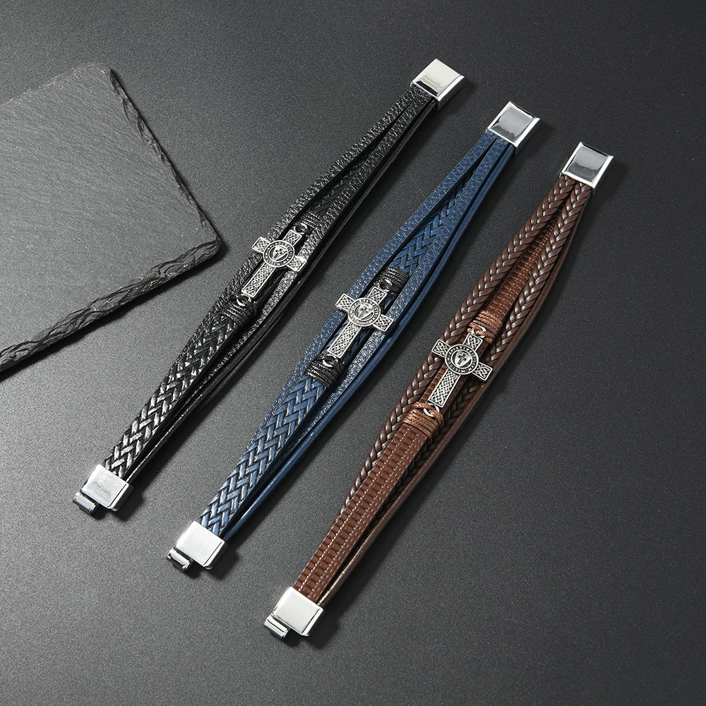 Wholesale Black Leather Men S Multi Layer Braided Cross Bracelet Casual Everyday Jewelry Accessory Gift