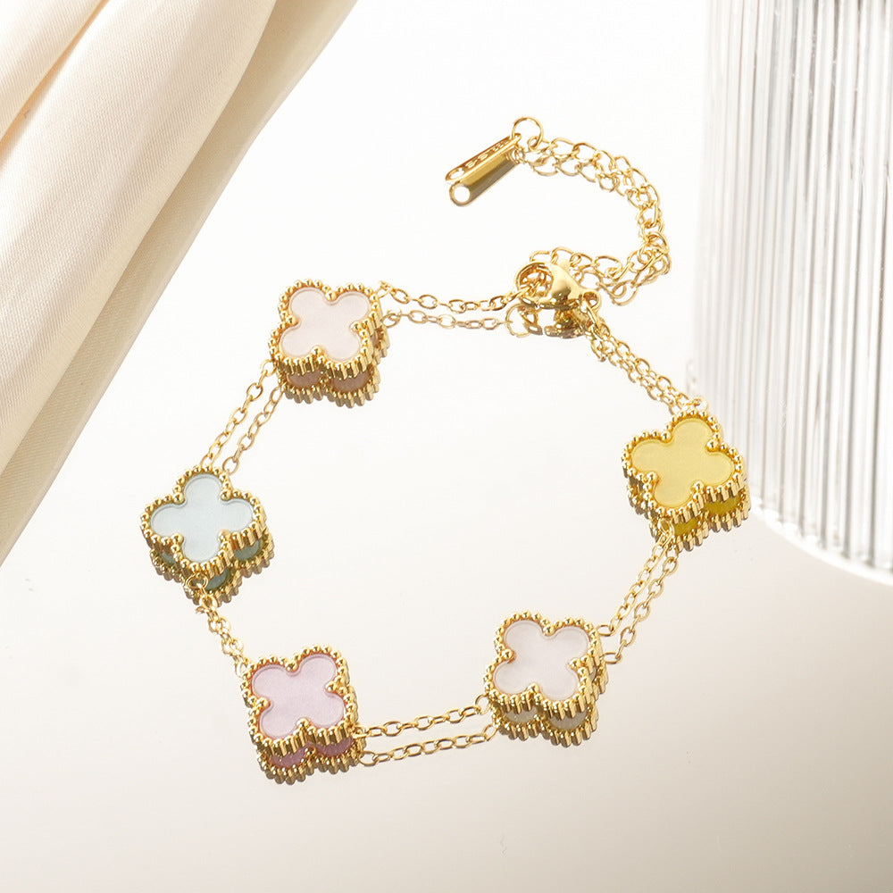 Wholesale Four-Leaf Clover Stainless Steel Bracelet Gold Plated Macaron Color Jewelry Accessory ACCVIP